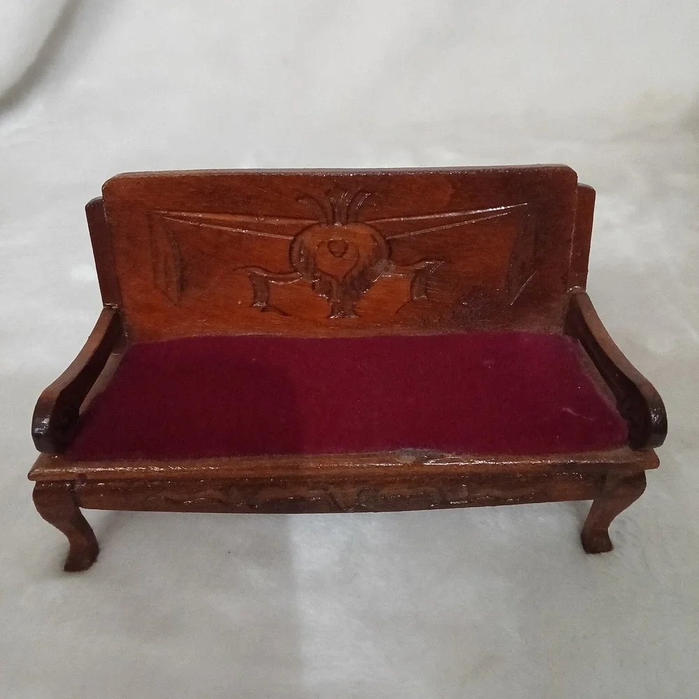 Vintage Miniature Wood Dollhouse Furniture Set 7pc Settee Chairs Tables Burgundy